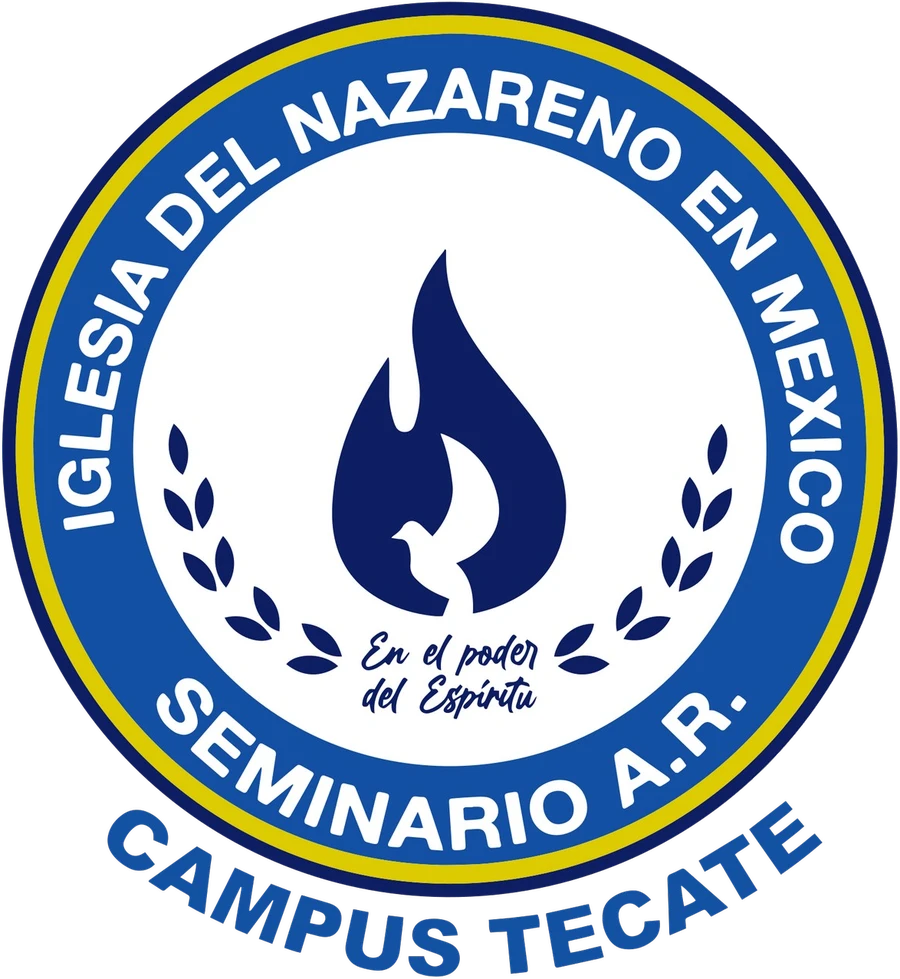 Sello oficial del seminario: un círculo azul con borde amarillo, la llama y la paloma al centro, hojas de olivo y la frase «En el poder del Espíritu», con el texto «Iglesia del Nazareno en México, Seminario A. R., Campus Tecate»
