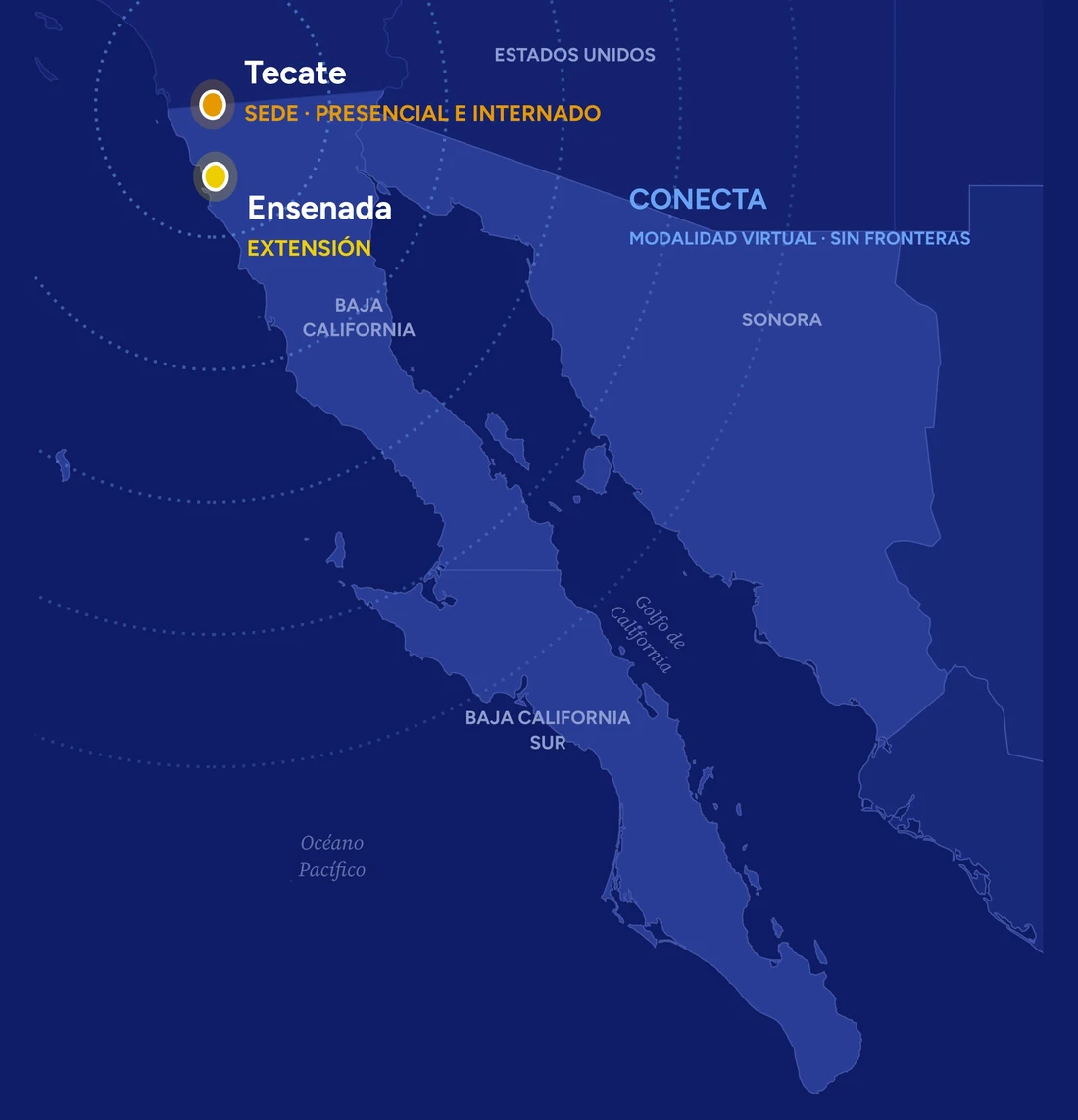 Mapa de Baja California y Sonora con Tecate como sede y Ensenada como extensión, y la modalidad virtual CONECTA para todo el distrito